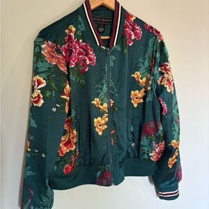 Polly & Esther Teal Satin Floral Bomber Jacket